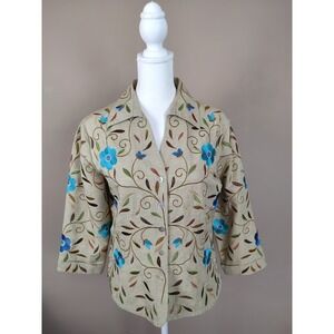 Silk Land Womens Size M 3/4 Sleeve‎ 100% Silk Blouse Jacket Floral Embroidered
